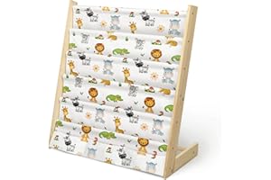 wooshwa Madera Libreria Infantil,Estanteria Libros Infantil con 5 Estanterías, Organizador de Juguetesde 3 Bolsillos con Mangas Profundas, 63 * 30 * 73cm (Animales del Bosque)