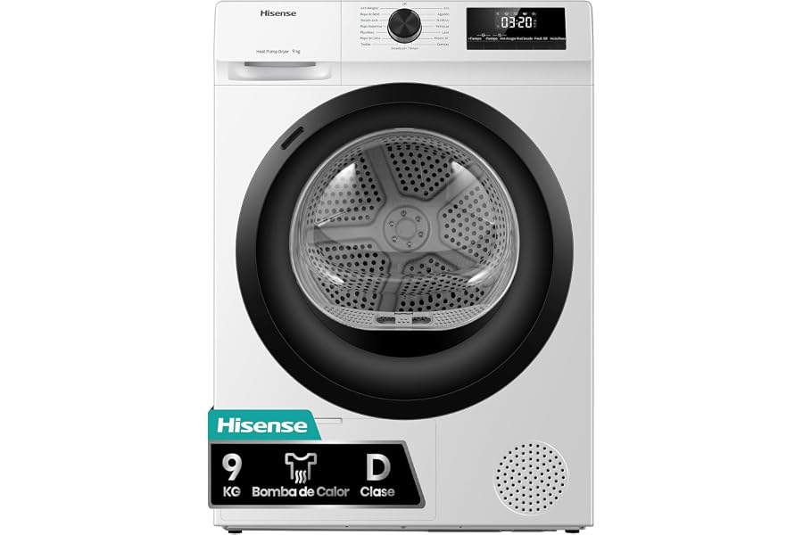 Hisense DHQE900UWDC - Secadora bomba de calor, capacidad 9 Kg, Clase D, secado rápido 30', finalización diferida, ancho 59,5c
