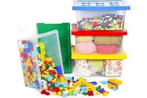 Greentainer Toys Storage Organizer Bins with Lids - Stackable Plastic Organizer Box Set of 4, Kids Toys Chests with Building Baseplate and Lid, Storage Container for Building Bricks