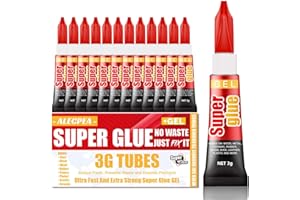 ALECPEA 3g (12 Pack), Super Glue Gel, All Purpose, Fast Setting, No Run Formula with Anti Clog Cap, Ideal for Metal, Ceramics, Leather & More