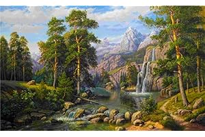 YEESAM ART DIY Paint by Numbers for Adults Beginner Kids, Mountains and Waterfall 16x20 inch Linen Canvas Acrylic Stress Less Number Painting Gifts