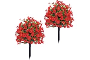 KOUAMOR 2pcs 23.6in Artificial Violet Topiary Ball Trees with Ground Spikes, UV Fade Resistant Fake Plants, Artificial Plants Outdoor, Faux Greenery Shrubs for Home Garden Yard Patio Decor (red)