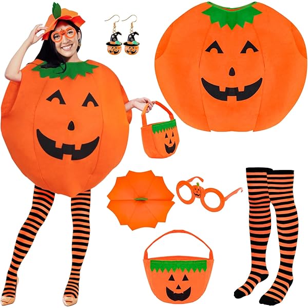 WELLXUNK Halloween Kürbis Kostüm Kinder - Komplettset Mit Hut Und Candy Bag