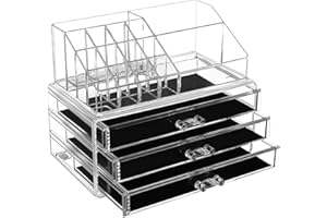 SONGMICS Makeup Organiser, 2-Piece Set Makeup Box, Cosmetic Organiser with 3 Drawers and 15 Various Compartments, for Lipsticks, Brushes, Transparent JKA002TP
