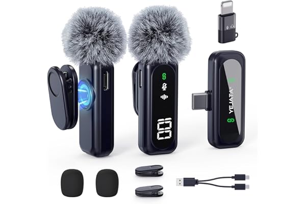 YEJATA - Micrófono inalámbrico con pantalla digital de batería, cancelación de ruido omnidireccional de 360°, alcance de 30 m, pinza giratoria, para iPhone 15/16, Android, PC, iPad y tableta