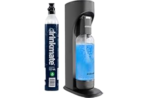 Drinkmate Machine à eau et jus de vin mousseux à cocktail sans alcool pour gazéifier n'importe quelle boisson avec un bouton poussoir, avec bouteille de 1 l et cylindre de CO2 de 60 litres, noir mat