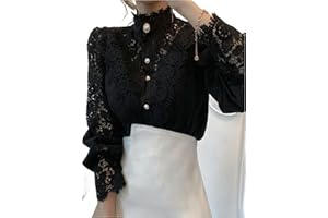 FRESQA Camicia Patchwork in Pizzo con Maniche a Petalo, Colletto alla Coreana, Scava Fuori, Camicetta in Pizzo da Donna, Top Bianco con Bottoni