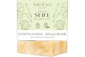‎MEINA Meina Naturkosmetik - Naturseife mit Zitronengras, Kurkuma und Ringelblume, Bio Seife ohne Palmöl, Zertifiziert, Vegan, Nachhaltig, Handgemacht, Wie ein festes Duschgel - 100g