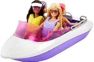 Barbie - Playset Sirene con 2 bambole Malibu e Brooklyn e barca lunga 46+ cm con fondo trasparente per 4 bambole, accessori inclusi, giocattolo per bambini, 3+ anni, HJK58