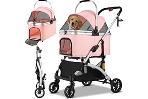 MAMIZO Poussette Chien 3-en-1, Poussette pour Chat Pliable, Panier de Rangement, Fenêtre en Filet, pour Petits Chiens et Chats, Jusqu'à 20 kg, 4 PCS Roues Résistant à l'Usure à 360°, Rose