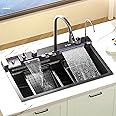 PASPRT Drop Stainless Steel Sink - 29.5'' Modern Topmount Single Bowl Workstation Sink with LED TEMP Display, Cutting Board, Waterfall Design