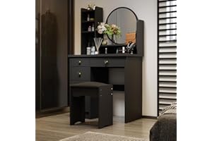 PREMTURE Tocador con Taburete y 5 cajones, tocador de Esquina, con Espejo Redondo Grande, Color Negro, Tablero DM, 80 x 40 x 135 cm