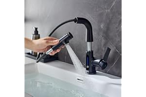 LakeBayMZC Rubinetto per lavabo con indicatore di temperatura a LED, estraibile, rubinetto da bagno, miscelatore monocomando per lavabo con 3 tipi di getto d'acqua, nero opaco