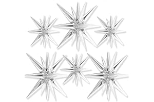 PartyWoo 14-Pointed Explosion Star Balloons (6 pcs) - Silver Point Foil Mylar Stars with Ribbon for Baby Shower Boy, Birthday, Wedding (27 & 22 inch)