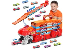 VATOS Dinosaur Transport Truck Car Toy - 2 In 1 Ejection Folding Track Toys with Sound, Portable Truck Car Toy with 8 Race Cars, Best Gift Carrier Vehicles Toys Set for Kids for Boys 3-5 Years Old