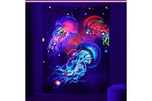 Betylifoy Schwarzlicht Wandteppich UV Reaktiver Quallen Wandteppich Die Unterwasserwelt Bunter Hippie Wandteppich Wandbehang für Schlafzimmer Ästhetische Kinderzimmer Dekoration (148x200cm, Qualle)