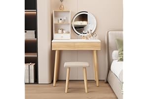 YU YUSING Toeletta con Luci LED, Tavolo da Trucco con Specchio e Sgabello, 3 Cassetti 2 Ripiani Regolabili, Postazione da Trucco con Scomparti Aperti, Luminosità Regolabile, Consolle da Trucco