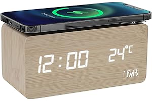 T'nB - Réveil Dynamo avec Chargeur Induction 10W, Alimentation Filaire sur Secteur, 3 Alarmes Programmables, Température, Luminosité Réglable, Mode Week-End, Horloge Numérique - Couleur Bois