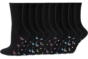 Socksmad - 10 Pairs Multipack Womens/Ladies Black Cotton Socks with Heart & Pink Bows Color Motif Size 4-7