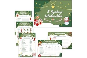 ‎JEKA Weihnachtsspiele, 5 Spiele für Weihnachten (je 10 Stück), Weihnachtsquiz, Partyspiele Familie, 5 Weihnachtsrätsel zur Beschäftigung zu Weihnachten, Design Tannengrün 2023