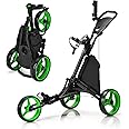GYMAX 3 Wheels Golf Push Pull Cart, Lightweight Height Adjustable Golf Trolley with Storage Bag, Foot Brake, Umbrella Holder and Built-in Cooler, Foldable Golf Bag Holder