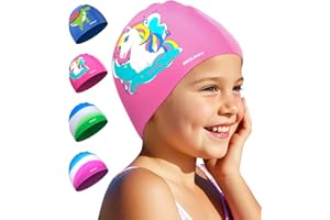 HIGAHY Badekappe Kinder - wasserdichte Badehaube für Jungen Mädchen, Silikon Schwimmkappe für 3-15 Jahre, Bequeme Badekappekinder mit UV-Schutz und rutschfest, Geeignet für Schwimmen Tauchen
