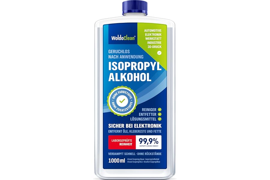 WoldoClean Isopropanol 99,9% 1L Reinigungsalkohol, Entfetter für Elektronik | Isopropylalkohol, IPA hochrein, rückstandslos & farblos, Reiniger für 3D-Drucker – Produktbeispiel aus Kamera & Foto
