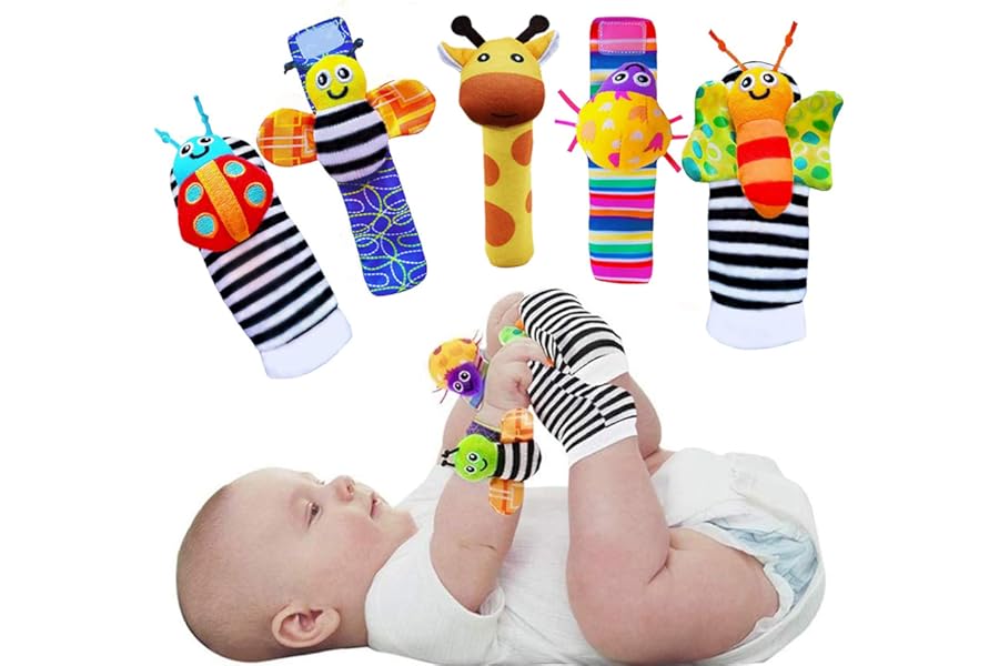 Foot Finders & Wrist Rattles for Infants - Developmental Texture Toys for Babies - Infant Socks & Baby Wrist Rattle - Newborn Toys for Girls Boys 0-3 3-6 6-9 Months
