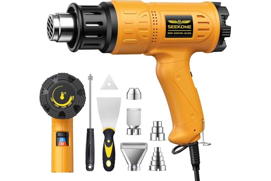 SEEKONE 2000W Professional Hot Air Gun 50℃- 600℃ Variable Temperature Control with 2-Temp Settings, Overload Protection, Double Heating Wire Fast Heating, 7 Accessories for Shrinking PVC