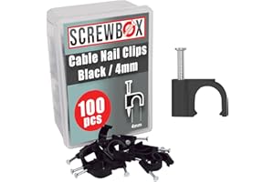 SCREWBOX® Cable Nail Clips, 4 mm 100 Pcs Nail-In Clips, Strong Durable Black Round Cable Tacks, Wall Wire Tidy Holder Pins, for wood | concrete | plasterboard