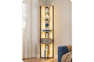 EDISHINE Lampa stojąca do salonu, drewniana, retro z 4 półkami ze szkła, możliwość ściemniania i 3 temperatury barwowej, 20 W, obracane o 360°, drążki LED, lampa stojąca z przełącznikiem nożnym, do