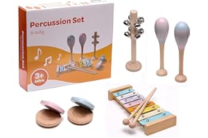 DRESDEN CONCERTS MUSIC GMBH Das bunte Kinder-Percussion-Set, Kinder Instrumente, 8-teilg aus Holz bestehend aus Glockenspiel, Kastagnetten, Maracas u.a. - für die musikalische Früherziehung/Orff-Instrumente