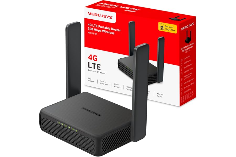MERCUSYS MB113‑4G - Router 4G LTE Portátil, Wi‑Fi N‑300 hasta 32 Dispositivos, SIM Nano Plug & Play, USB‑C Powerbank y VPN