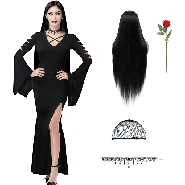 Halloween-Gothic-Kostüm Für Damen, Langes Schwarzes Kleid Mit Gezackten Kanten, Lange Schwarze Perücke Und Weiße Schminke, Vampirkostüm Für Damen Für TV, Film, Halloween, Größe XS
