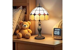 Bidesen Lampa stołowa w stylu Tiffany 20 cm, vintage, ręcznie wykonany klosz z witrażu, z żarówką, do sypialni, gabinetu i biura