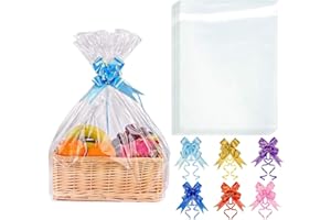 SHNMINEU 6 buste di cellophane grandi trasparenti da 70x100 cm, confezione regalo trasparente, con 6 fiocchi regalo e 6 chiusure a filo per cesti regalo, fiori, lavori manuali e confezioni regalo.