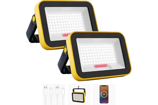 NATPOW Projecteur Led Rechargeable, 5 Modes Projecteur Led Chantier Batterie avec Câble USB, 4000mAh Lampe de Chantier Portable, IP65 Étanche Lampe de Travail pour Garage, Camping, Pêche, 2 Pièces