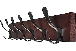 SKOLOO Perchero de pared de madera marrón con 6 ganchos para colgar abrigos, sombreros, ropa, bufandas, marrón y negro