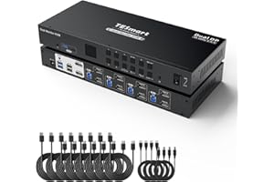TESmart 8K USB3.0 Displayport KVM Switch 4 PC 2 Monitore, 4K@144Hz(DSC) KVM-Switches mit EDID Emulator, Audio&Mikrofon, Eingangskabeln, 4 Port Switcher für Tastatur, Maus,U-disk und Drucker USB-Geräte