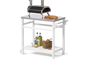 TORVA Movable Pizza Oven Trolley, Outdoor Food Prep Dining Table Cart with Stainless Steel Metal Top, BBQ Grill Stand for Kitchen Patio Backyard Garden, White Color