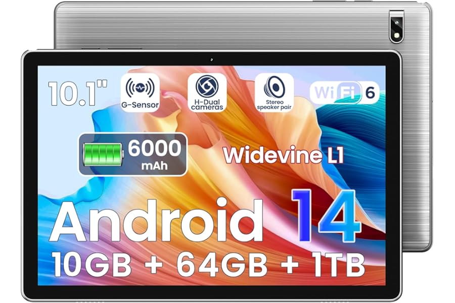 Tablet: Android 14 Tablet - 2025 Newest 10.1 Inch Octa-core Processor, 10GB+64GB 1TB Expand, 6000mAh Battery, 2.4G+5G Wi-Fi 6, 2MP+8MP Dual Camera, Bluetooth, 1280 * 800 FHD IPS Touch Screen (Gray)