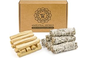 MUT22 6 Salvia Blanca Mini y 12 Palo Santo Sagrada para Quemar - Hierba de Purificación y Armonía: Salvia Apiana 100% Natural, Ideal para Limpieza Espiritual y Rituales Energéticos