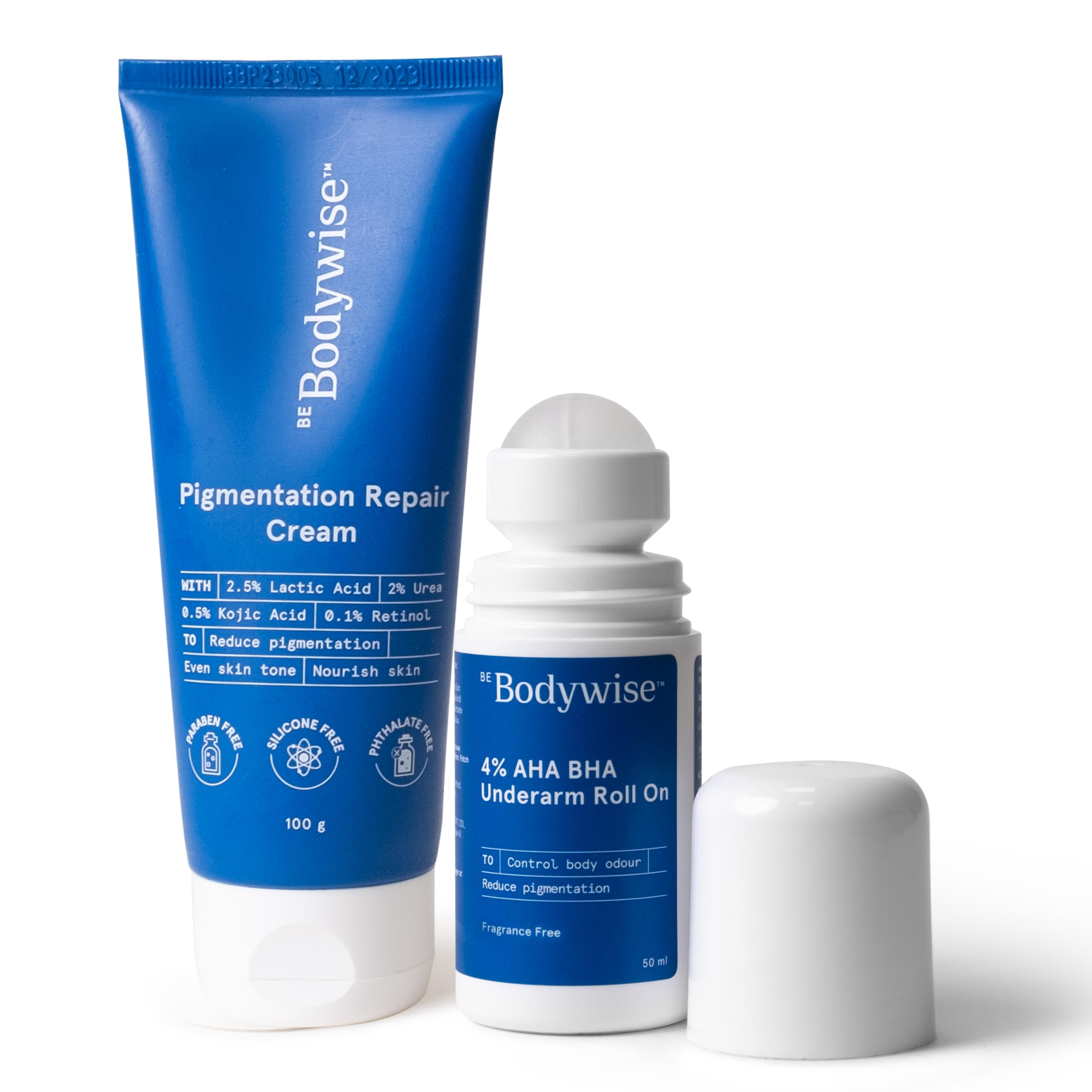 Be Bodywise Underarm Pigmentation Kit - No Fragrance | With 4% AHA BHA Underarm Roll-on (50ml) & Pigmentation Repair Cream (1