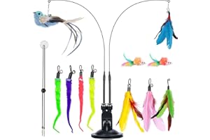 MEYDLL 15 Stück Interaktives Katzenspielzeug mit Feder Katzenangel Katzen Federspielzeug mit 2 Loch Saugnäpfe für Kitten Katze Zauberstab Spielzeugdraht mit Vogel Federn Maus Wurm