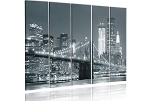 Feeby Cuadro En Lienzo Nueva York Puente Brooklyn 5 Piezas Tipo C 150x100 cm Impresión Artística Imagen Decoración de Pared Salon Dormitorio Cocina Oficina Pasillo Puente Ciudad Noche Blanco Y Negro