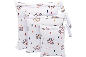 FenFang Baby Wet Bag, Cloth Nappy Wet Bags 3 PCS Changing Bag, Waterproof Bag Organiser Pouches for Daycare Travel Swimming Beach, Wet Dry Bags for Cloth Diapers, Washable Reusable (White Rainbow)