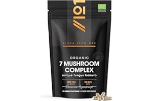 Organic Mushroom Complex 1575mg - 90 Capsules - Reishi, Cordyceps, Lion's Mane, White Fungus, Maitake, Shitake & Chaga (1 Month Supply) by Alpha01