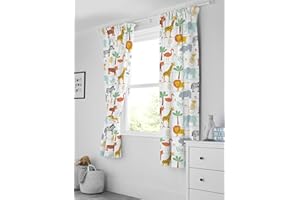 Bloomsbury Mill - Kids Curtains for Boys & Girls Bedroom - Safari Animals Lined Curtain Pair with Tiebacks - Nursery Curtains for Childrens or Baby Room - Neutral - 66X72 inch drop (168x183cm)