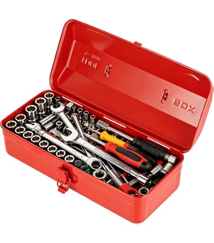 Edward Tools 17" Metal Toolbox – Heavy Duty Portable Steel Tool Box With Organizer Tray, Reinforced Handle, Solid Metal Locking Latches, Scratch-Resistant Finish