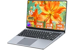 AUKABREX Ordenador Portátil 16 Pulgadas, Win 11 PC Portátil 16GB RAM 512GB SSD, Portatil Celeron N100 CPU, Teclado Retroiluminado+Desbloqueo Huellas Dactilares, Laptop USB3.0/Mini-HDMI/Batería 6000mAh/BT5.0